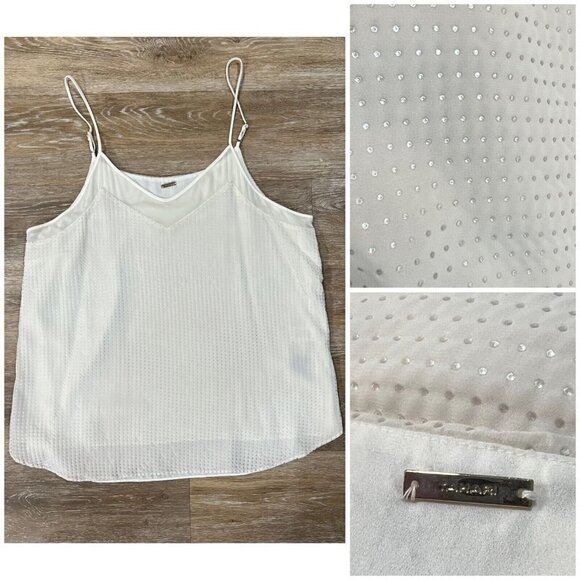Tahari Sz M Cream Off White Metallic Shimmer Swiss Dot Cami Tank Top V Neck - Picture 1 of 9